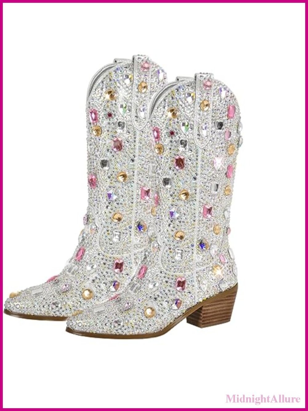 Sparkly Rhinestone Cowgirl Boots Pull On Mid Calf Block Heel